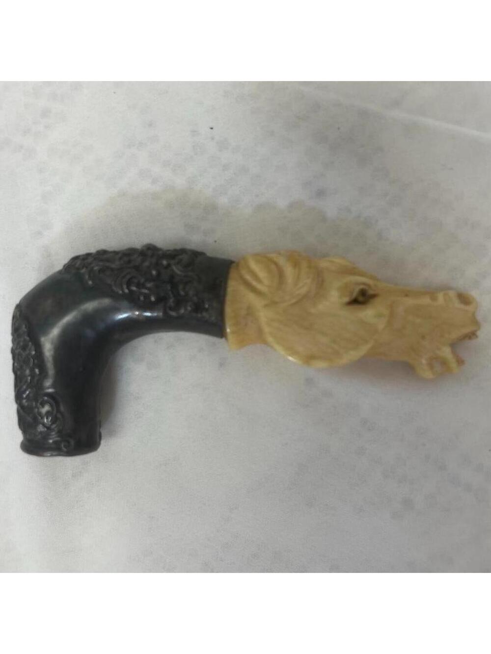 Antique Umbrella Handle w/ Carved Horse Head Attached to an Ornate 925 Sterling